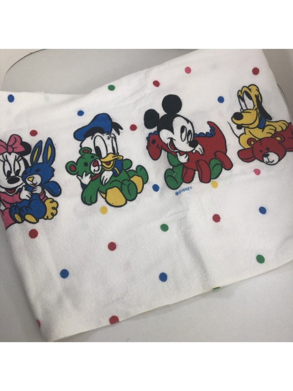 Vtg Disney Flannel Receiving Blanket Mickey Minnie Mouse Donald Pluto polka dots